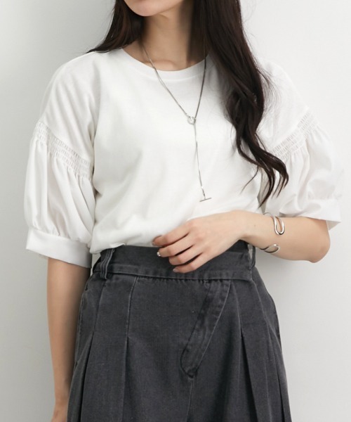 nissen（ニッセン）の「【販売終了】異素材切替パフスリーブ半袖Ｔシャツ（Tシャツ/カットソー・レディース・ホワイト/ブラック・M/L/LL）」の22枚目の写真