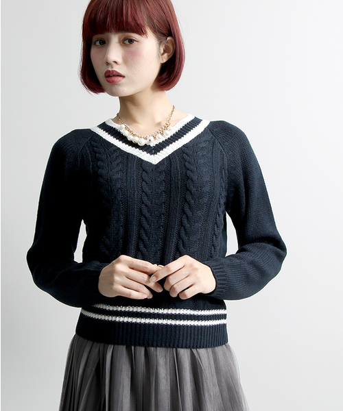 WEGO（ウィゴー）の「WEGO/チルデンニット（ニット/セーター・レディース・ネイビー/オフホワイト/グレー・FREE）」の3枚目の写真