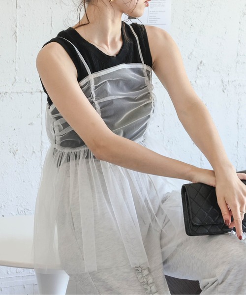 AMELY(エミリー)の「ペプラムチュールキャミソール(キャミソール・レディース・ブラック/ピンク/ホワイト/イエロー/モカ・フリー)」の2枚目の写真