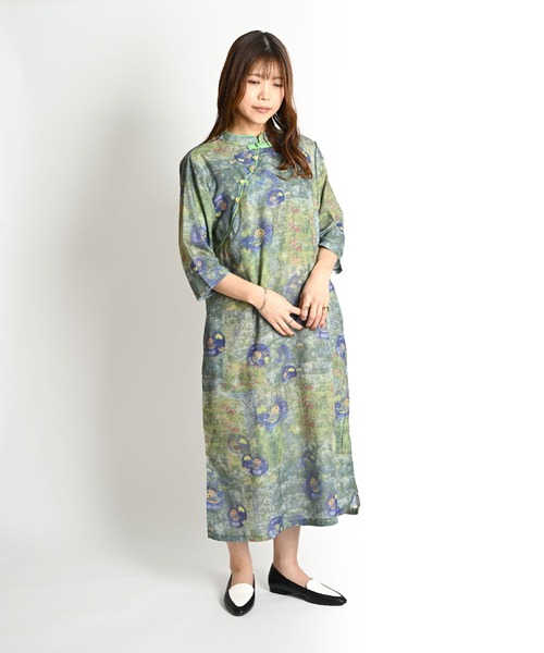 MARAI(マーライ)の「コットンリネン 総柄 チャイナ ロングワンピース 七分袖(ワンピース・レディース・グリーン・LARGE/XX-LARGE)」の3枚目の写真