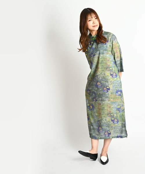 MARAI(マーライ)の「コットンリネン 総柄 チャイナ ロングワンピース 七分袖(ワンピース・レディース・グリーン・LARGE/XX-LARGE)」の4枚目の写真