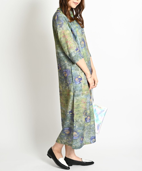 MARAI(マーライ)の「コットンリネン 総柄 チャイナ ロングワンピース 七分袖(ワンピース・レディース・グリーン・LARGE/XX-LARGE)」の9枚目の写真