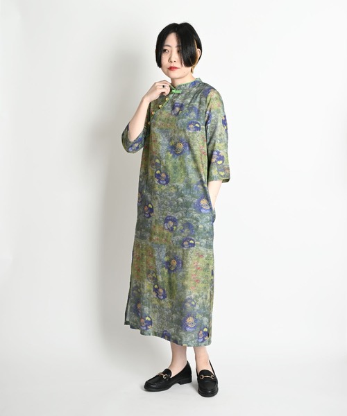 MARAI(マーライ)の「コットンリネン 総柄 チャイナ ロングワンピース 七分袖(ワンピース・レディース・グリーン・LARGE/XX-LARGE)」の10枚目の写真