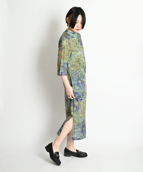 MARAI(マーライ)の「コットンリネン 総柄 チャイナ ロングワンピース 七分袖(ワンピース・レディース・グリーン・LARGE/XX-LARGE)」の12枚目の写真