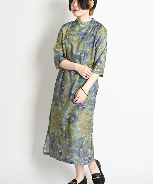MARAI(マーライ)の「コットンリネン 総柄 チャイナ ロングワンピース 七分袖(ワンピース・レディース・グリーン・LARGE/XX-LARGE)」の14枚目の写真
