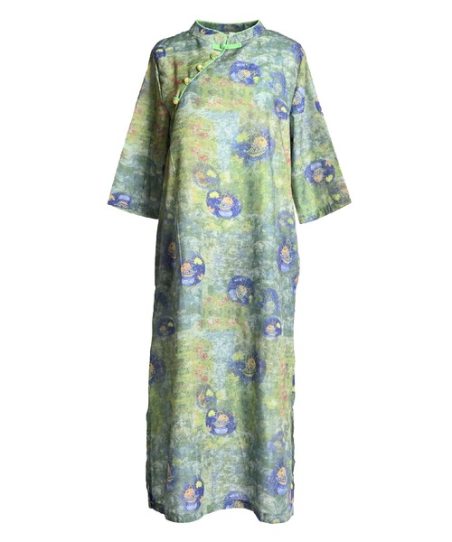 MARAI(マーライ)の「コットンリネン 総柄 チャイナ ロングワンピース 七分袖(ワンピース・レディース・グリーン・LARGE/XX-LARGE)」の16枚目の写真