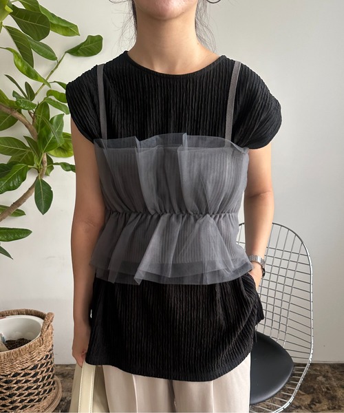セール】nuance line fabric shoulder tuck tops / ニュアンスライン 