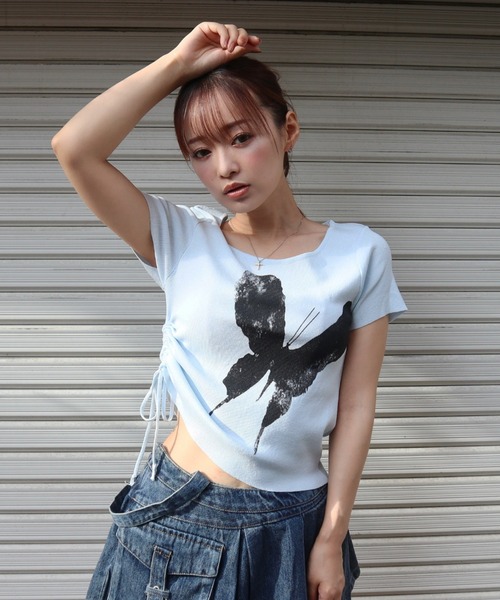 CECIL McBEE（セシルマクビー）の「バタフライプリントドロストプルオーバー（Tシャツ/カットソー・レディース・ブラック/サックスブルー/アイボリー/ミント/ピンク・MEDIUM/LARGE）」の4枚目の写真