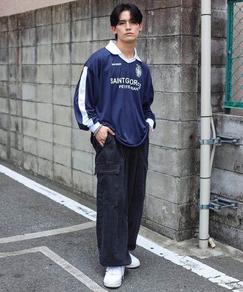 SPINNS（スピンズ）の「ストリート＆グランジ/5色展開！襟付きゲームシャツ（Tシャツ/カットソー・メンズ・ホワイト/レッド/ネイビー/ブラック/サックスブルー・ONESIZE）」の10枚目の写真