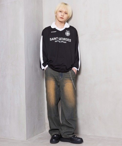 SPINNS（スピンズ）の「ストリート＆グランジ/5色展開！襟付きゲームシャツ（Tシャツ/カットソー・メンズ・ホワイト/レッド/ネイビー/ブラック/サックスブルー・ONESIZE）」の19枚目の写真