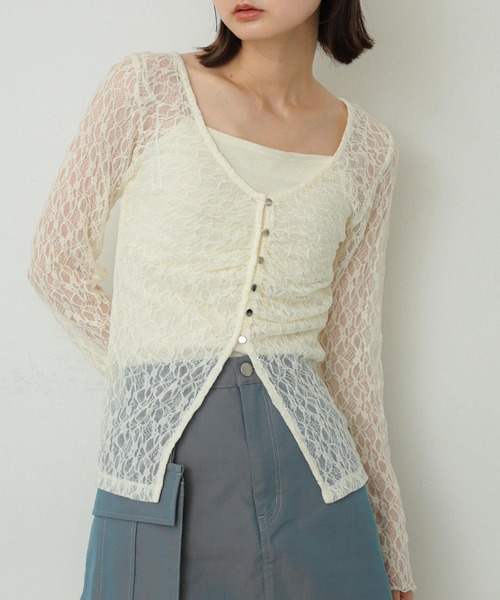 SENSE OF PLACE by URBAN RESEARCH（センスオブプレイスバイアーバンリサーチ）の「2WAYシャーリングレーストップ（Tシャツ/カットソー・レディース・ベージュ/ネイビー/アイボリー・ONE）」の2枚目の写真