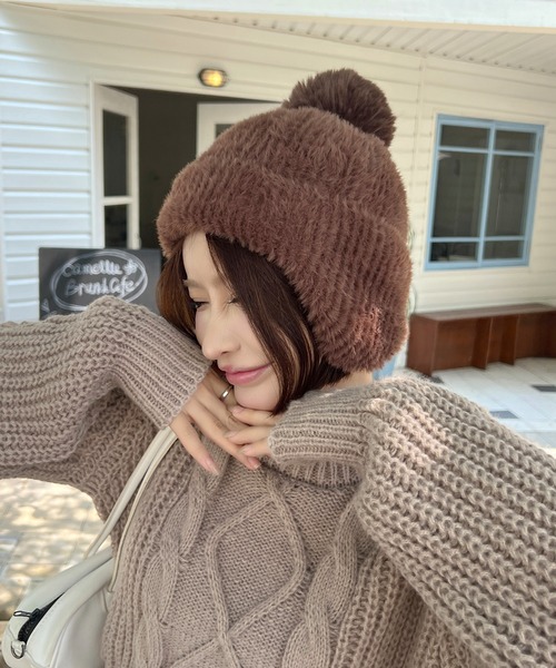 セール】耳当て付き ポンポンニット帽（ニットキャップ/ビーニー