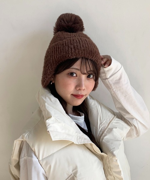 セール】耳当て付き ポンポンニット帽（ニットキャップ/ビーニー