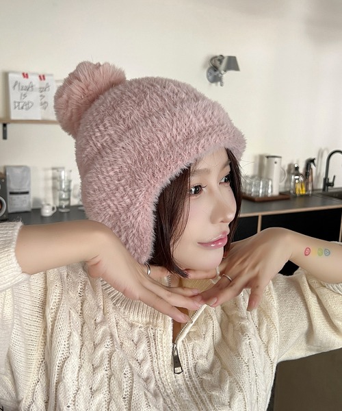 セール】耳当て付き ポンポンニット帽（ニットキャップ/ビーニー