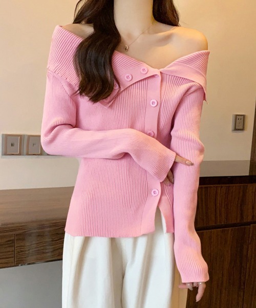 Miniministore（ミニミニストア）の「ニットトップス オフショルダーリブニット（ニット/セーター・レディース・ライトブルー/ピンク/ブラック/ワインレッド/ホワイト・FREE）」の4枚目の写真