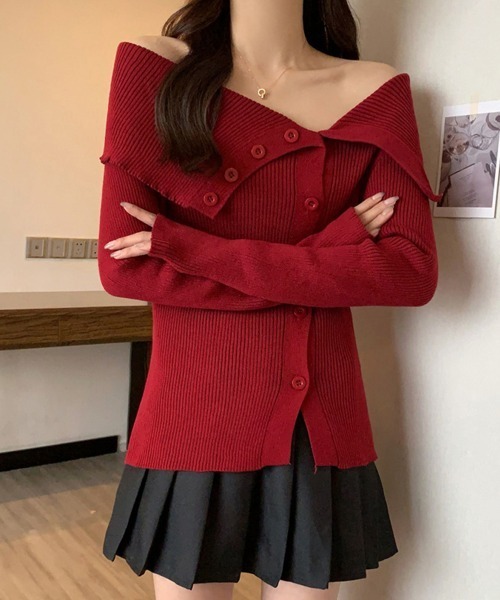 Miniministore（ミニミニストア）の「ニットトップス オフショルダーリブニット（ニット/セーター・レディース・ライトブルー/ピンク/ブラック/ワインレッド/ホワイト・FREE）」の5枚目の写真