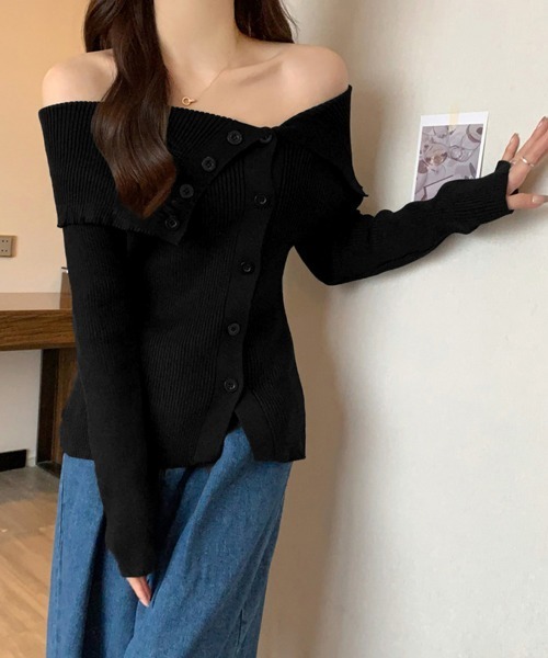 Miniministore（ミニミニストア）の「ニットトップス オフショルダーリブニット（ニット/セーター・レディース・ライトブルー/ピンク/ブラック/ワインレッド/ホワイト・FREE）」の7枚目の写真
