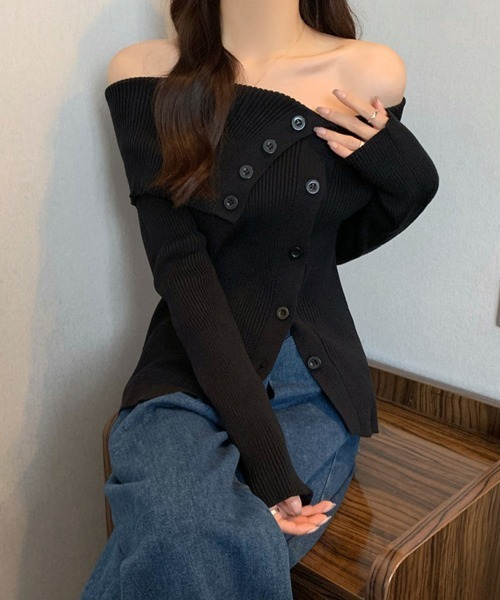 Miniministore（ミニミニストア）の「ニットトップス オフショルダーリブニット（ニット/セーター・レディース・ライトブルー/ピンク/ブラック/ワインレッド/ホワイト・FREE）」の8枚目の写真