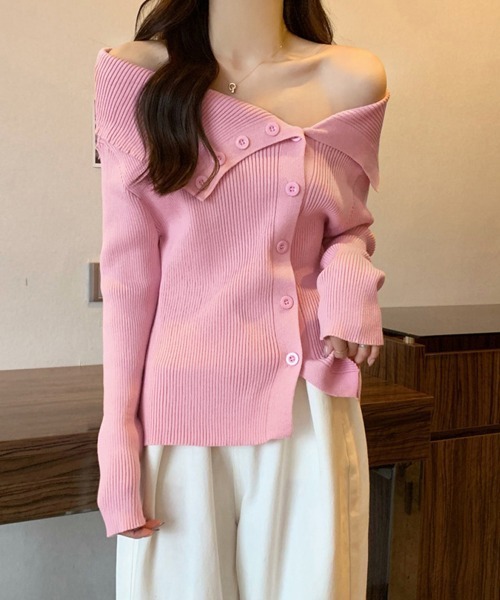 Miniministore（ミニミニストア）の「ニットトップス オフショルダーリブニット（ニット/セーター・レディース・ライトブルー/ピンク/ブラック/ワインレッド/ホワイト・FREE）」の9枚目の写真