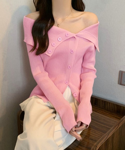 Miniministore（ミニミニストア）の「ニットトップス オフショルダーリブニット（ニット/セーター・レディース・ライトブルー/ピンク/ブラック/ワインレッド/ホワイト・FREE）」の10枚目の写真