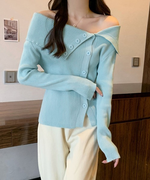 Miniministore（ミニミニストア）の「ニットトップス オフショルダーリブニット（ニット/セーター・レディース・ライトブルー/ピンク/ブラック/ワインレッド/ホワイト・FREE）」の11枚目の写真