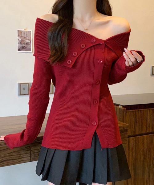 Miniministore（ミニミニストア）の「ニットトップス オフショルダーリブニット（ニット/セーター・レディース・ライトブルー/ピンク/ブラック/ワインレッド/ホワイト・FREE）」の13枚目の写真
