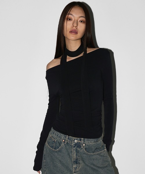 BLACKUP（ブラックアップ）の「[MADE] ヌエルボートネック SET - 長袖Tシャツ+スカーフ（Tシャツ/カットソー・レディース・ネイビー/ブラック/カーキ・ONESIZE）」の14枚目の写真