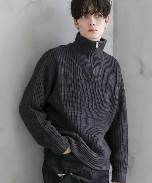ビッグシルエット畦編みハーフジップニット（ニット/セーター