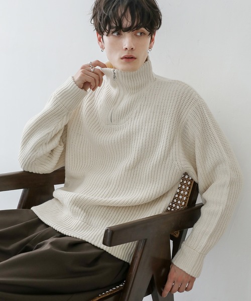 セール】ビッグシルエット畦編みハーフジップニット（ニット/セーター