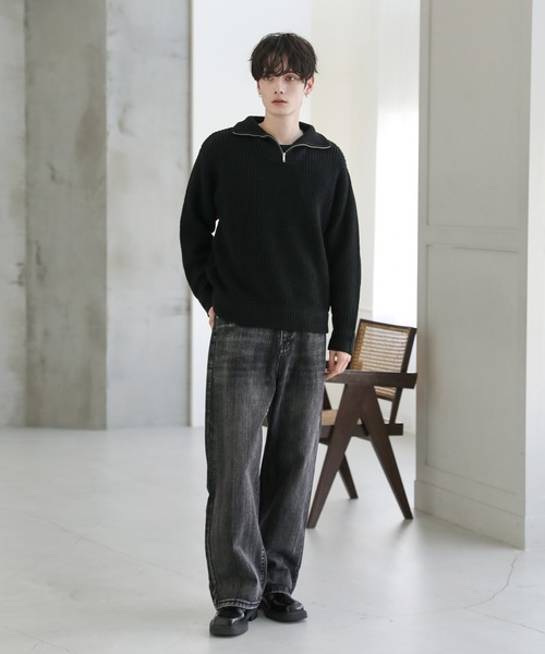 NUTEMPEROR ビッグシルエットセーター　黒　フーディ　サイズ2 ビッグシルエット畦編みハーフジップニット（ニット/セーター