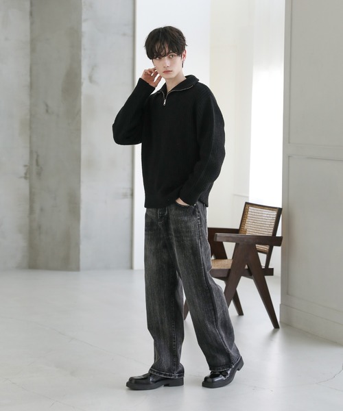 ビッグシルエット畦編みハーフジップニット（ニット/セーター