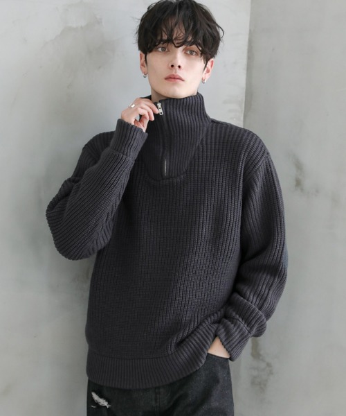 stone 21AWローゲージニットフルジップ付き セール】ビッグシルエット畦編みハーフジップニット（ニット/セーター