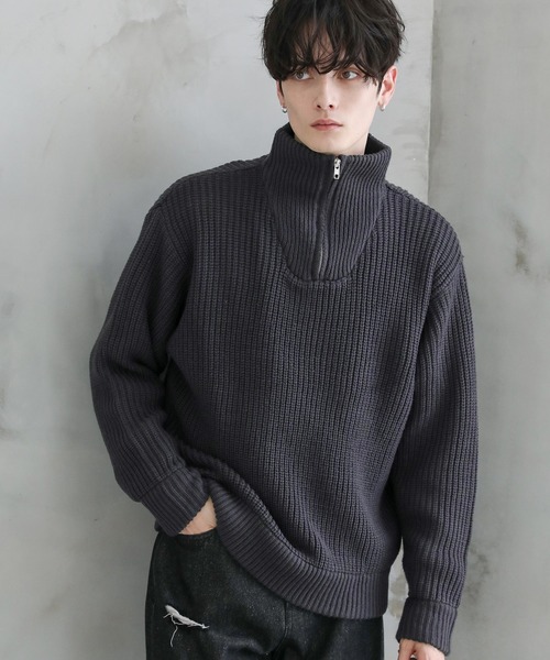 ビッグシルエット畦編みハーフジップニット（ニット/セーター