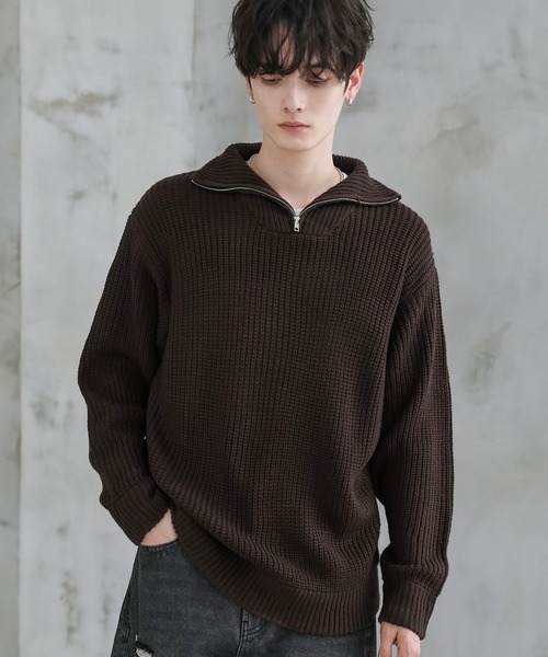 ビッグシルエット畦編みハーフジップニット（ニット/セーター