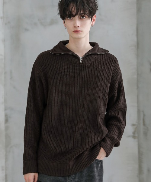 セール】ビッグシルエット畦編みハーフジップニット（ニット/セーター