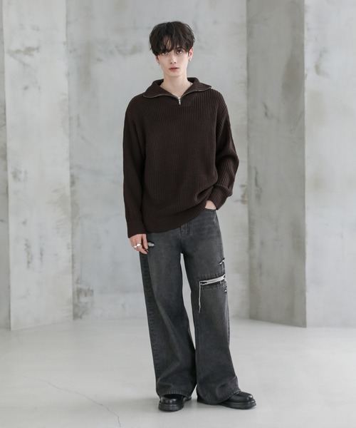 セール】ビッグシルエット畦編みハーフジップニット（ニット/セーター
