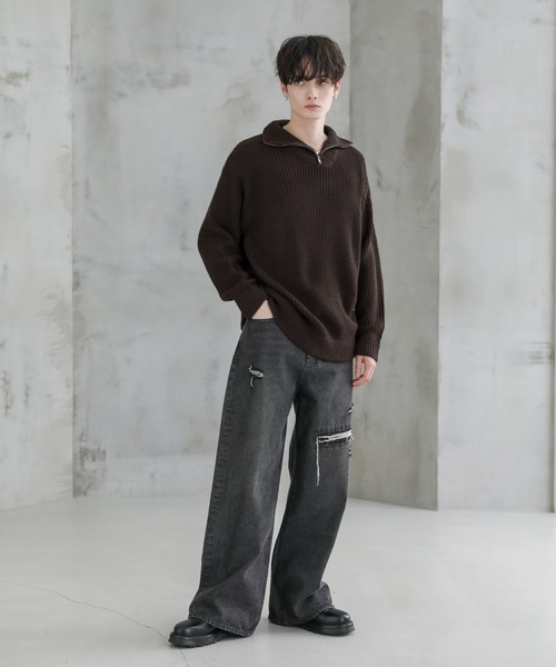 ビッグシルエット畦編みハーフジップニット（ニット/セーター
