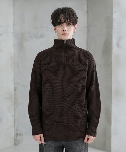 ビッグシルエット畦編みハーフジップニット（ニット/セーター