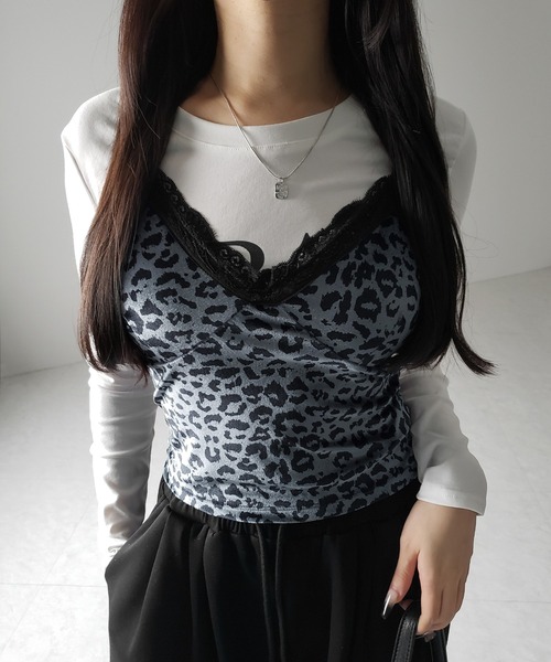 カップ付き 】レオパードベロアレースキャミビスチェ ／ reopard velor