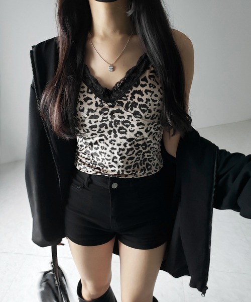 カップ付き 】レオパードベロアレースキャミビスチェ ／ reopard velor