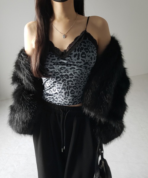 カップ付き 】レオパードベロアレースキャミビスチェ ／ reopard velor