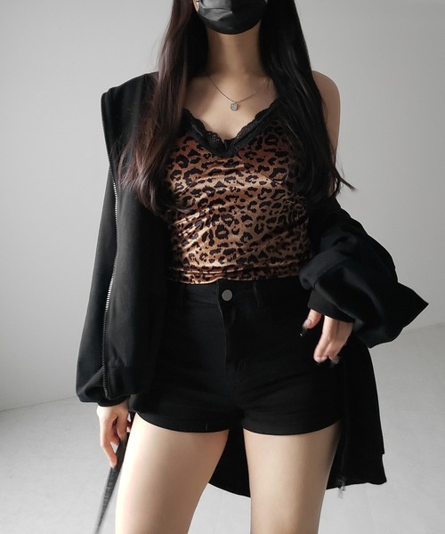 カップ付き 】レオパードベロアレースキャミビスチェ ／ reopard velor
