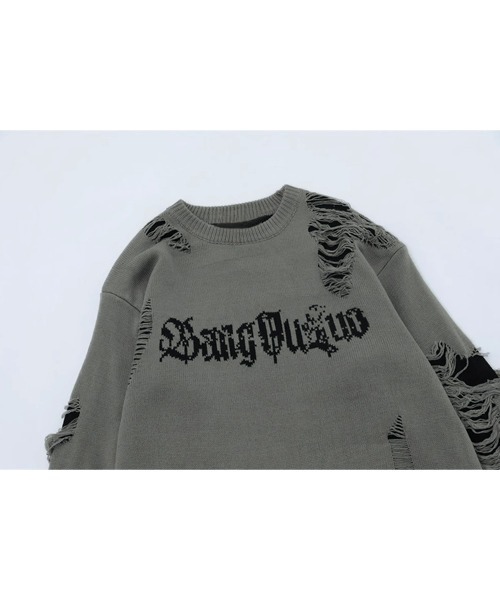 Ressaca（レサーカ）の「オーバーサイズダメージ加工ジャガードロゴクルーネックニット（ニット/セーター・メンズ・グレー/ブラック・S/M/L/XL）」の12枚目の写真