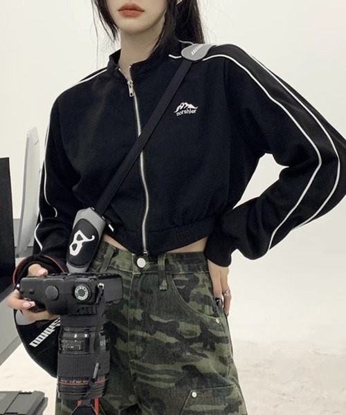 Lace Ladies（レースレディース）の「配色 ライン クロップド ジップアップ ジャケット（ブルゾン・レディース・ベージュ/ブラック・XL/M）」の2枚目の写真