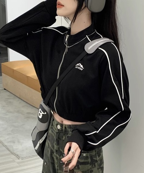 Lace Ladies（レースレディース）の「配色 ライン クロップド ジップアップ ジャケット（ブルゾン・レディース・ベージュ/ブラック・XL/M）」の7枚目の写真