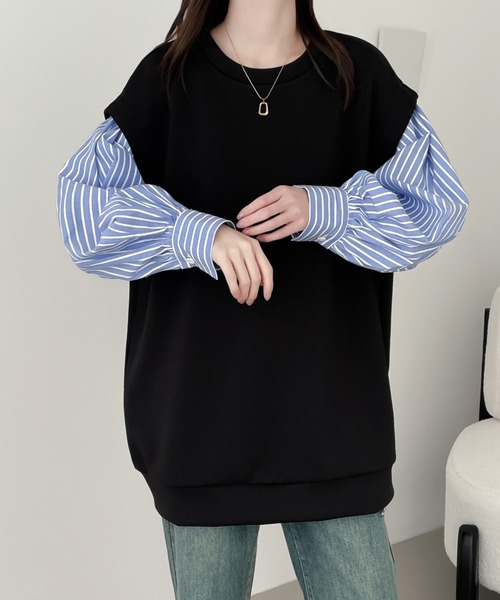 ABITOKYO（アビトーキョー）の「袖異素材切替段ボールスウェットプルオーバー（スウェット・レディース・ブルー系その他/ホワイト/ホワイト系その他・M/L/XL）」の4枚目の写真