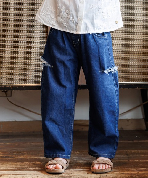 MAKE YOUR DAY(メイクユアデイ)の「カットアウトデニムパンツ■80~140cm(デニムパンツ・キッズ・ネイビー/ブルー・120/110/80/90/100/130/140)」の1枚目の写真