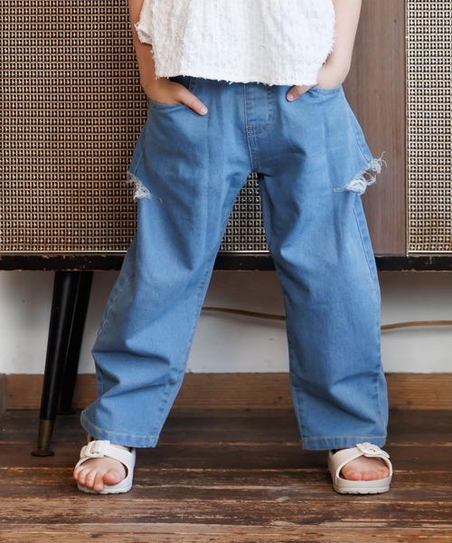 MAKE YOUR DAY(メイクユアデイ)の「カットアウトデニムパンツ■80~140cm(デニムパンツ・キッズ・ネイビー/ブルー・120/110/80/90/100/130/140)」の2枚目の写真