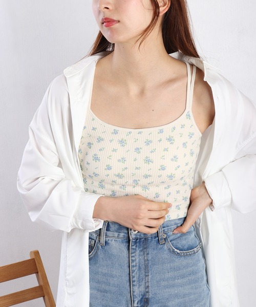 JEMORGAN(ジェーイーモーガン)の「JEMORGAN / ジェーイーモーガン ワッフル 花柄 キャミソールカップ付き(キャミソール・レディース・ブルー/ピンク/ストライプ/パープル・FREE)」の2枚目の写真