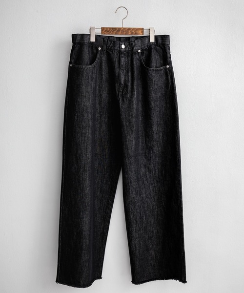 裾フリンジドローストリングワイドデニムパンツ（デニムパンツ